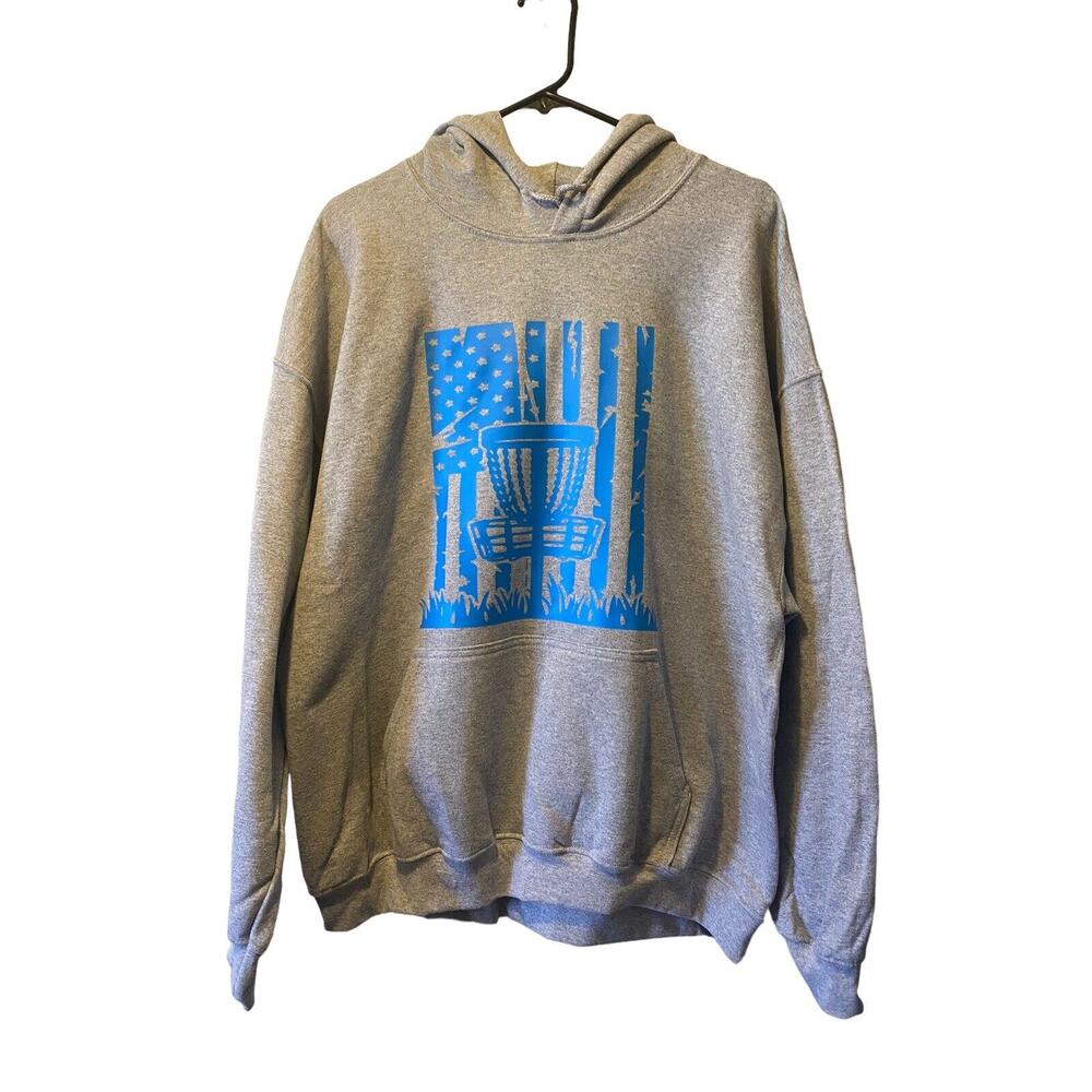 Disc Golf Patriotic AMERICAN FLAG Basket BLUE Vinyl Logo XL Hoodie Grey